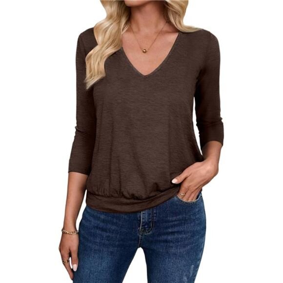 3/4 Length Sleeve Womens Tops V Neck Blouse Banded Bottom Shirts Fashion Tunic - Picture 1 of 7